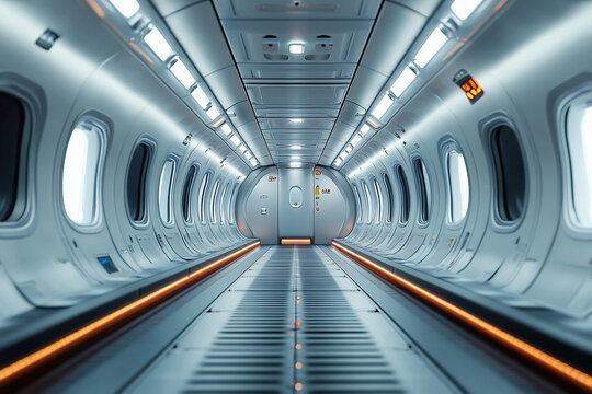 Space station and electronic technology concept. Interior inside the space station. Corridor, portholes and door.