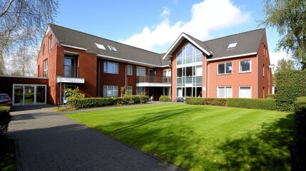 Fototapeta premium Modern red-brick building with large windows surrounded by green lawns and trees on a sunny day