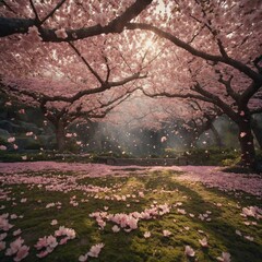Naklejka premium A dreamy cherry blossom garden with pink petals gently falling.