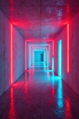 Fototapeta premium Illuminated Passageway A Futuristic Corridor with Vibrant Neon Lighting Reflecting on a Polished Concrete Floor