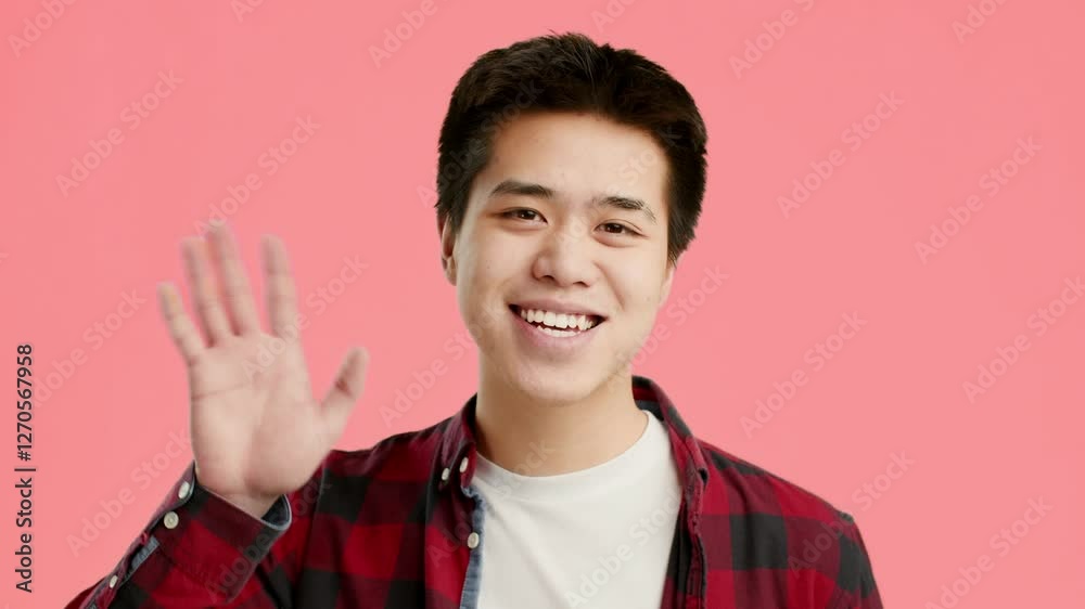 Poster guy smiling and waving hello, showcasing positive emotions. he conveys warmth and friendliness in a 