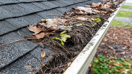 A close-up view of a dirty gutter filled with leaves, debris and moss, indicating a need for cleaning and maintenance.