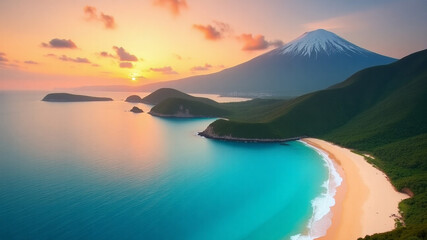 Idyllic tropical beach with mountain backdrop at sunset