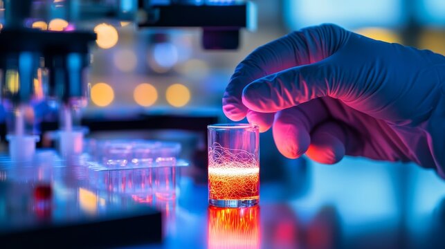Gloved hands carefully manipulate glowing nanofibers within a test tube, showcasing high-tech laboratory research and emphasizing innovation in materials science
