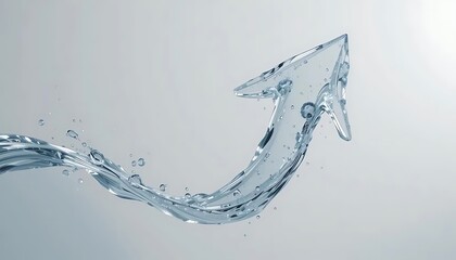 Water arrow icon with a transparent, fluid design, symbolizing growth and progress, set against a light blue background with water droplets