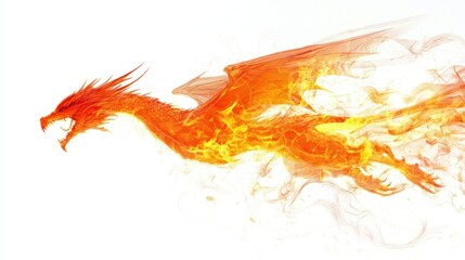 A vibrant fiery dragon soars against a clean white background