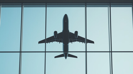 Wings Against the Sky: Silhouette of an airplane framed by a modern windowpane, creating an image of journey and escape.
