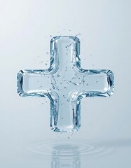 The plus icon is made of water, with water droplets around it. Light blue gradient background. Symbolizes purity, health, and hydration.