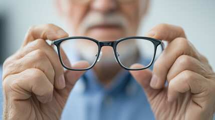Vision of Clarity: An elderly person holds a pair of eyeglasses, offering a close-up perspective on the spectacles.