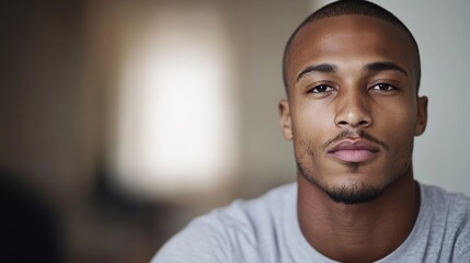 Young man poses confidently in a light gray shirt, showcasing his facial features with a softly blurred background and natural lighting emphasizing his expression