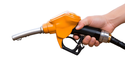 A person's hand holding a fuel nozzle against a transparent background.