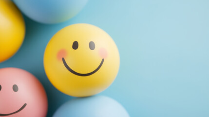 Fototapeta premium Radiant sphere of joy: a charming yellow sphere with a cheerful face, radiating positive vibes, rests playfully amidst its colorful companions, evoking a sense of happiness and well-being.