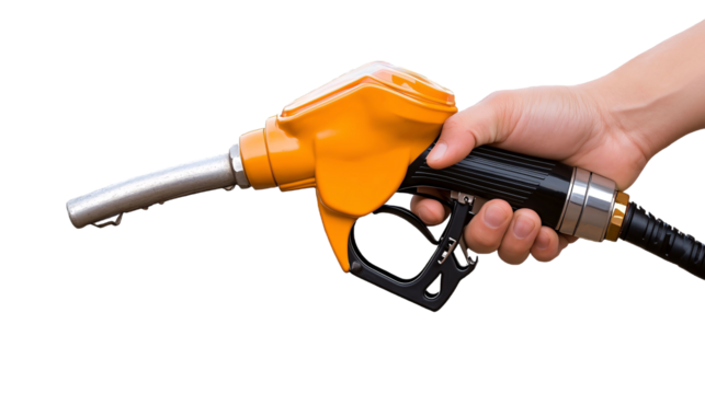 A person's hand holding a fuel nozzle against a transparent background.