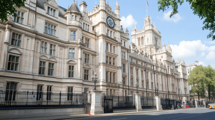 Obraz premium Majestic Architecture: An imposing view of a historic, light-colored stone building under a bright sky, showcasing intricate architectural details and grandeur.