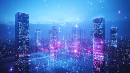 Fototapeta premium Glowing Futuristic City Nightscape with Purple and Blue Lights