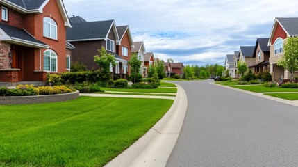 Fototapeta premium Serene suburban street lined with well-maintained homes and lush green lawns under a cloudy sky