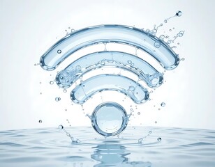 Wi-Fi icon made of water droplets, symbolizing fluid connectivity. Background is a light blue to white gradient, creating a clean and modern look