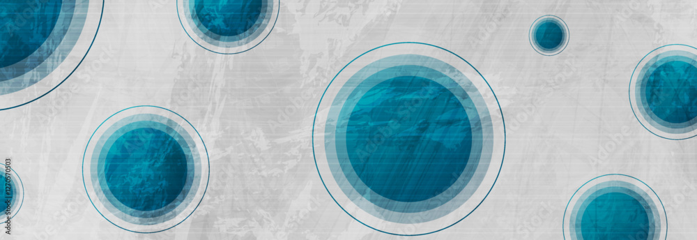 Poster blue geometrical circles on grey grunge abstract background. concept minimal tech vector banner desi