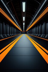 Futuristic corridor with orange lines and dark walls.