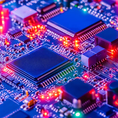 Obraz premium Complex Circuit Board with Integrated Electronic Components and Vibrant LED Illumination Display