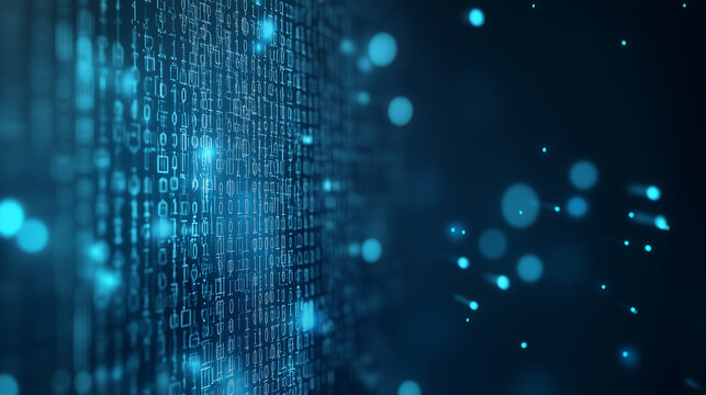 Digital Cascade: A captivating view of a digital binary code stream flowing across a dark blue backdrop, symbolizing the complexities of data and technology.