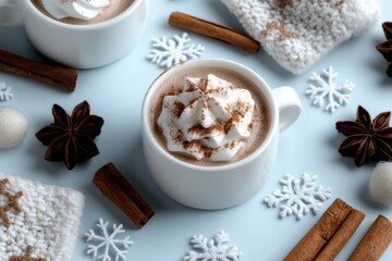 A cozy hot chocolate drizzled with whipped cream, surrounded by festive decorations, cinnamon sticks, and snowflakes, capturing the warm essence of winter treats.