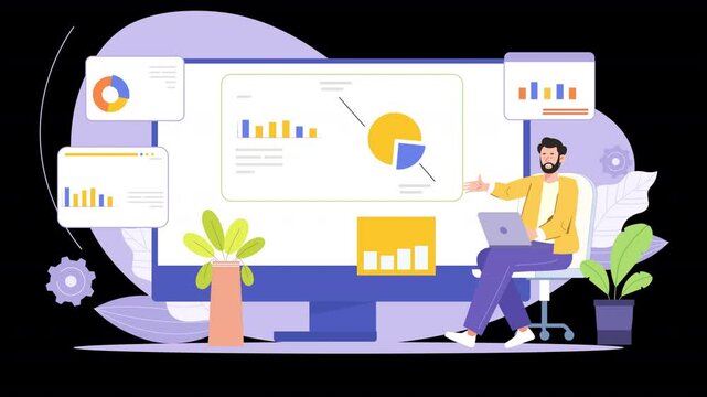 Highlight online success with vector animations showcasing digital tools and revenue generation.