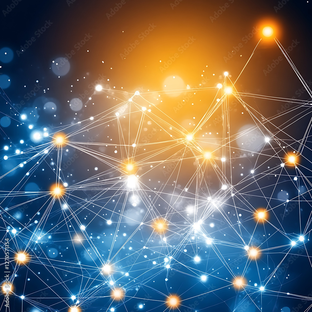 Poster connected network nodes and lines digital communication system data transfer internet concept art