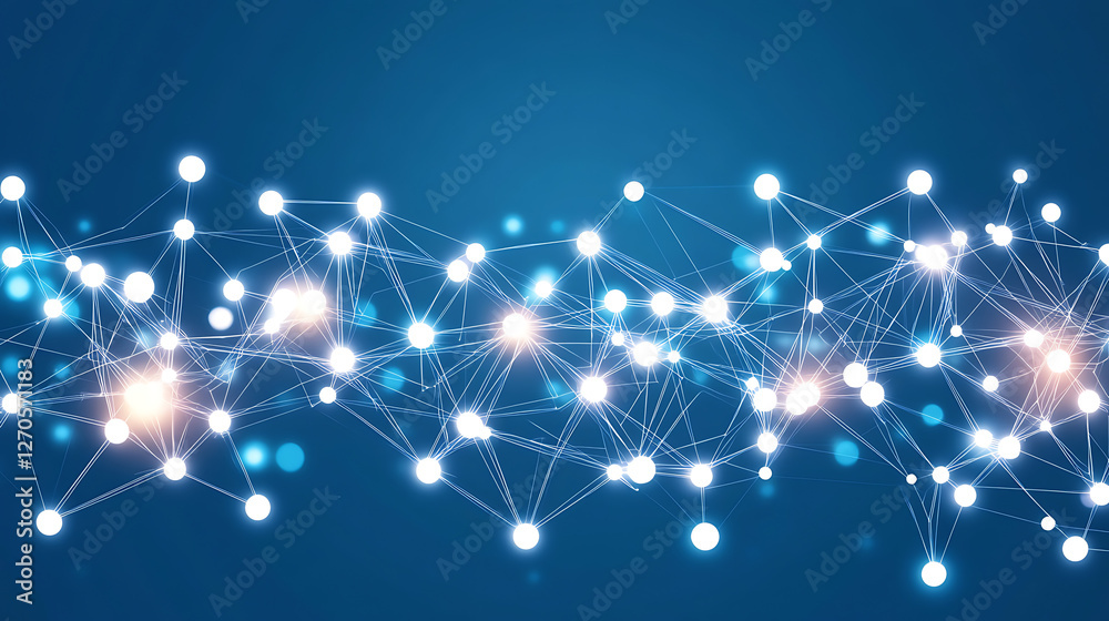 Poster connected network of glowing nodes representing data flow and communication with bright lines