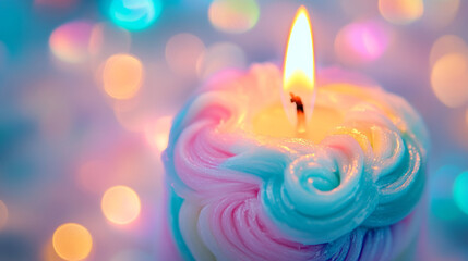 Colorful candle with vibrant swirl design illuminates a festive atmosphere
