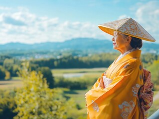 Elderly Asian woman in traditional attire, standing with a relaxed posture, set against the backdrop of nature and traditional architecture.