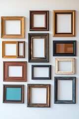 Eclectic assortment of old, worn, and unique picture frames showcasing artistic personality.