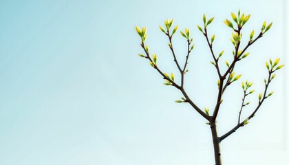 Single tree with fresh spring buds under pale blue sky, growth metaphor