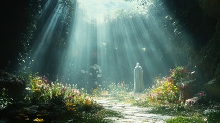 A divine scene of a garden with angelic light beams and a distant silhouette of the Messiah