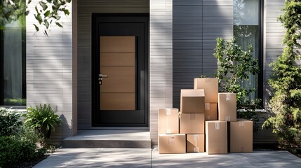 Multiple stacked parcels left beside a modern house door.