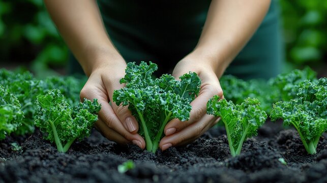 Hands nurturing kale plants in rich soil garden.