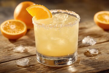 A refreshing summer cocktail with orange garnish and sugar-rimmed glass, placed on a rustic table with ice cubes and a bunch of fresh oranges.