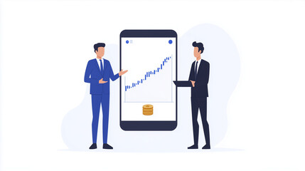 Success in the Palm: Two figures, enraptured, converge around an oversized smartphone, the digital graph pointing up, with coins underneath, symbolizes wealth growth and business success
