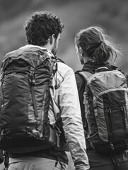 Couple with backpacks on trail talking.