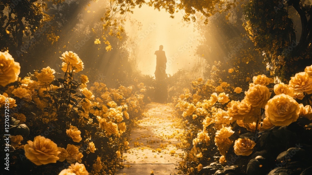 Poster A garden with ethereal beauty, golden flowers, and a path leading to a divine silhouette