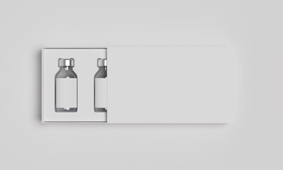  Top view of glass vials in premium box packaging 3D Render