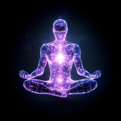 Cosmic Meditation Figure Glowing in Dark Serenity Human Silhouette Starry Universe Visualization