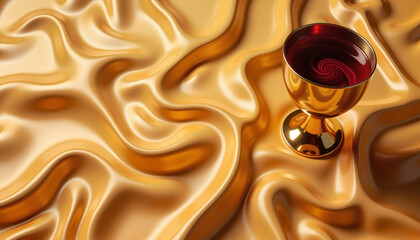 Golden chalice with dark wine on flowing liquid gold background