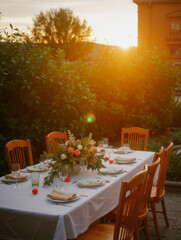 Obraz premium Outdoor sunset dinner table with elegant floral centerpiece and wooden chairs