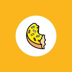 cartoon illustration of a bitten yellow donut with colorful sprinkles, isolated on a solid yellow background, inside a white circle