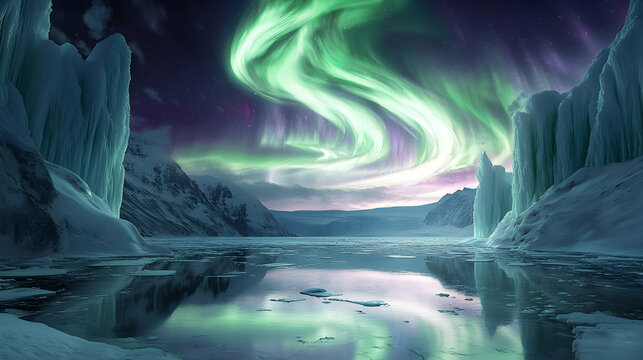 Aurora borealis over a frozen lake a winter landscape with ice formations perfect for travel and nature concepts - Powered by Adobe