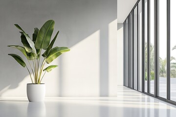 Modern minimalist office plant sunlight view