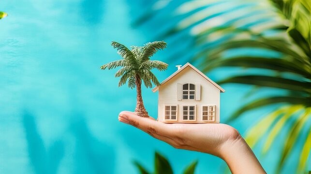 Dream Home Concept. Hand Holds Miniature House And Palm Tree On Blue Background. Vacation Property And Real Estate Investment.