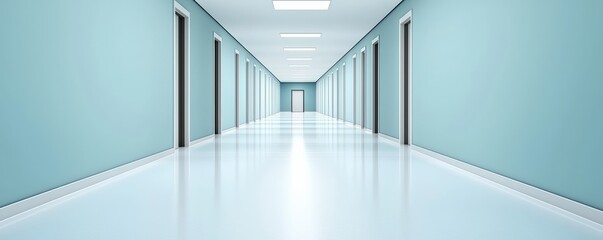 Empty hallway with blue walls and bright lighting.