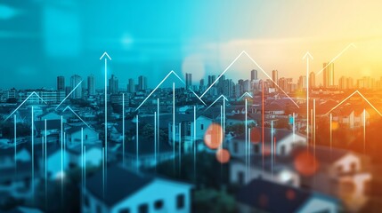 Fototapeta premium Real Estate Growth. Rising Property Values. Investment Opportunity In The City. Urban Development And Market Trends With Upward Arrows.